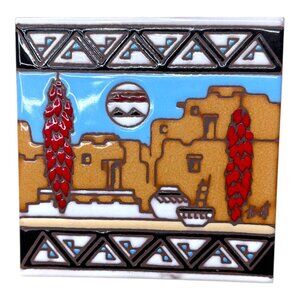 Vtg Southwest Adobe Village Ceramic Art Tile Handcrafted Earthtones 1990 Easel
